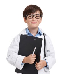 Photo of Boy with stethoscope and clipboard pretending to be doctor on white background. Dreaming of future profession