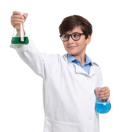 Photo of Boy with glassware pretending to be scientist on white background. Dreaming of future profession