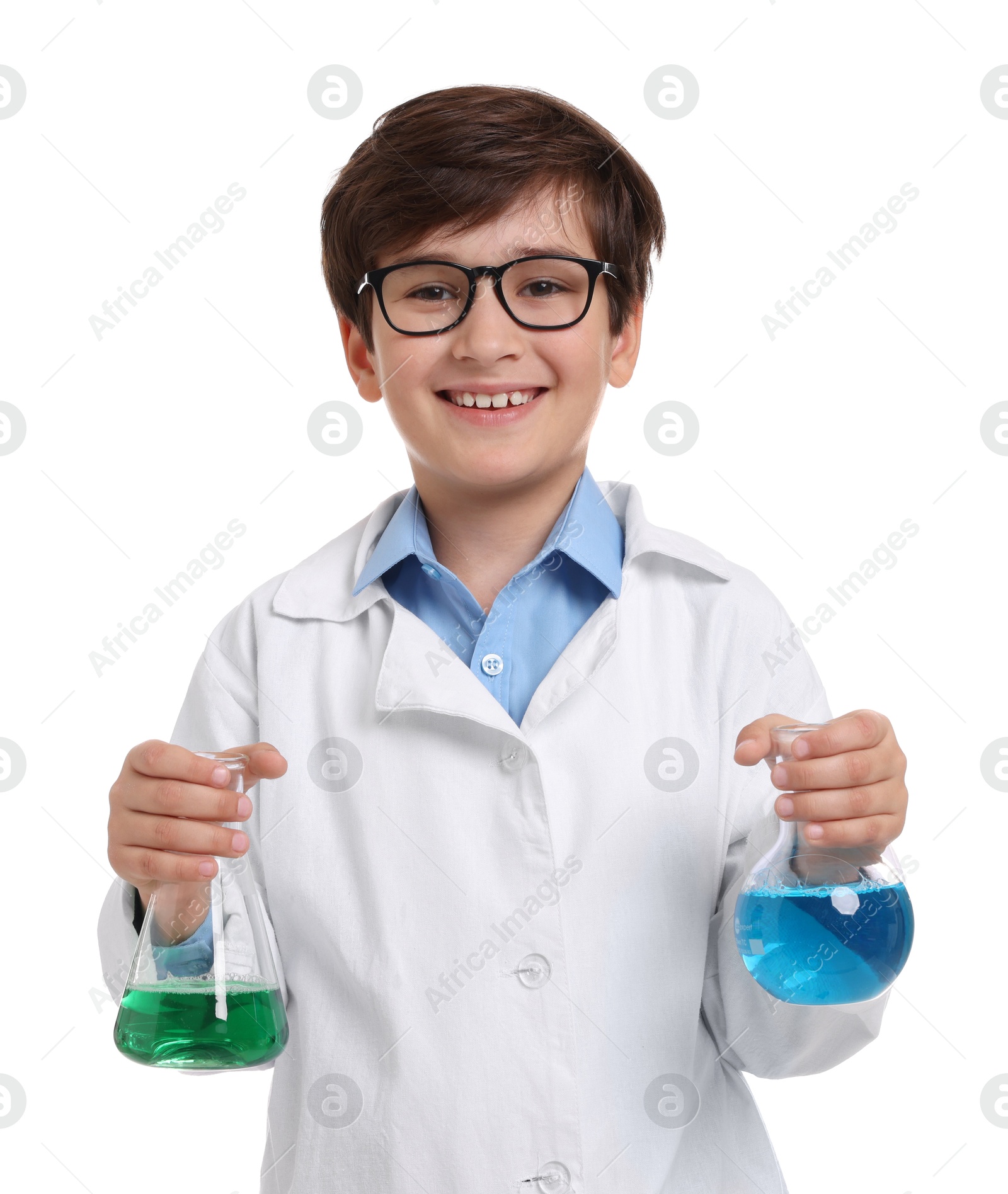 Photo of Boy with glassware pretending to be scientist on white background. Dreaming of future profession