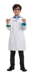 Photo of Boy with glassware pretending to be scientist on white background. Dreaming of future profession