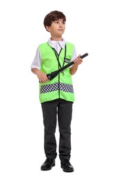 Photo of Boy pretending to be policeman on white background. Dreaming of future profession