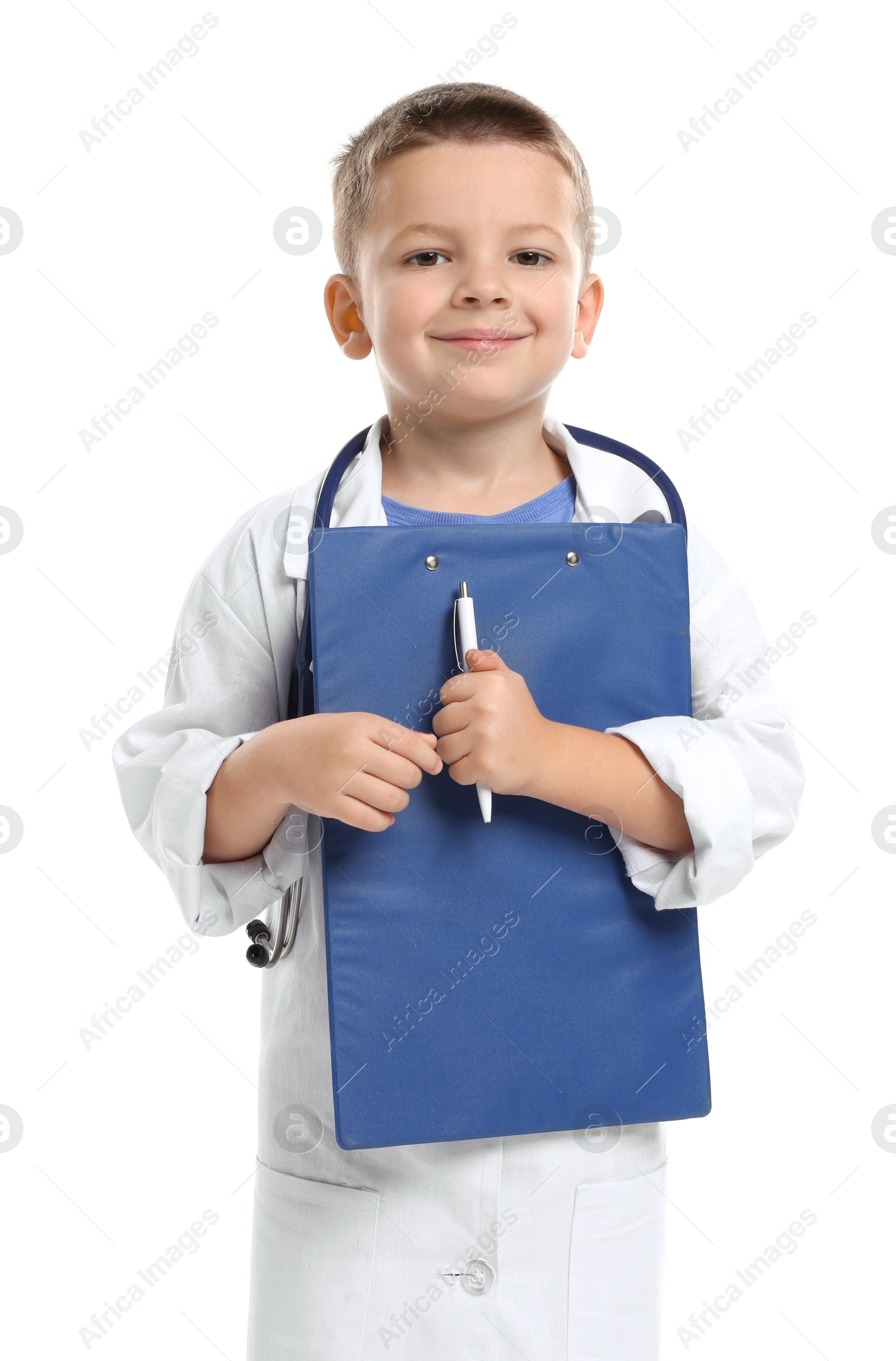 Photo of Little boy with stethoscope and clipboard pretending to be doctor on white background. Dreaming of future profession