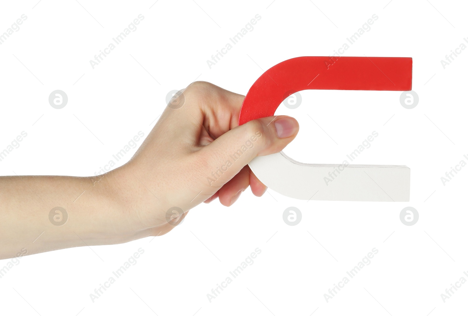 Photo of Woman with horseshoe magnet on white background, closeup