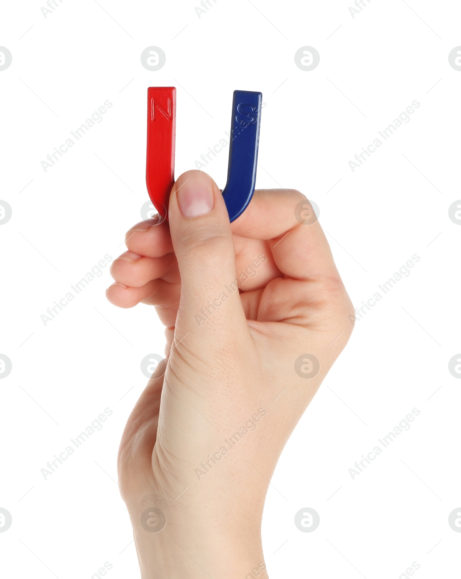 Photo of Woman with horseshoe magnet on white background, closeup