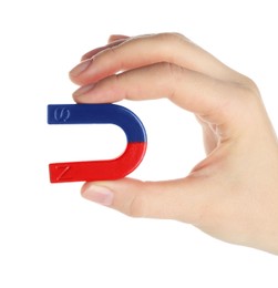 Photo of Woman with horseshoe magnet on white background, closeup