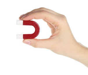 Photo of Woman with horseshoe magnet on white background, closeup