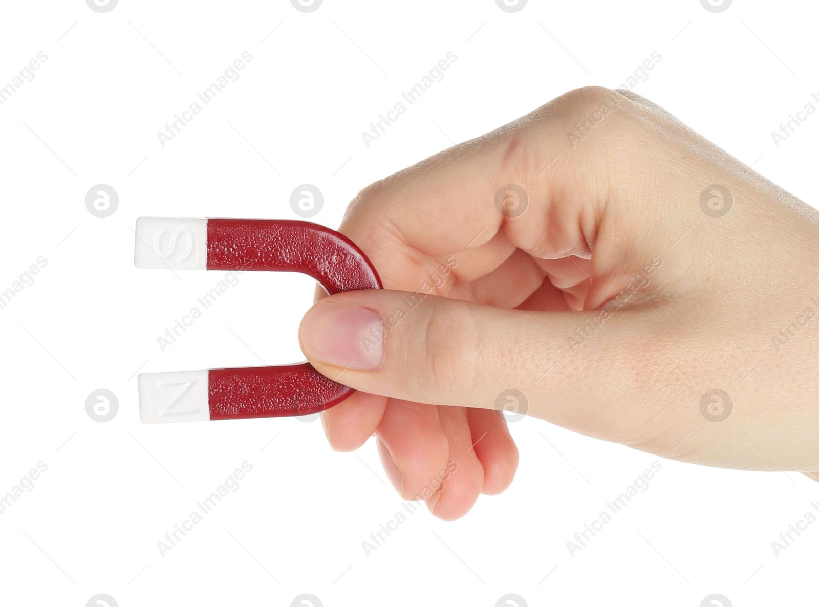 Photo of Woman with horseshoe magnet on white background, closeup