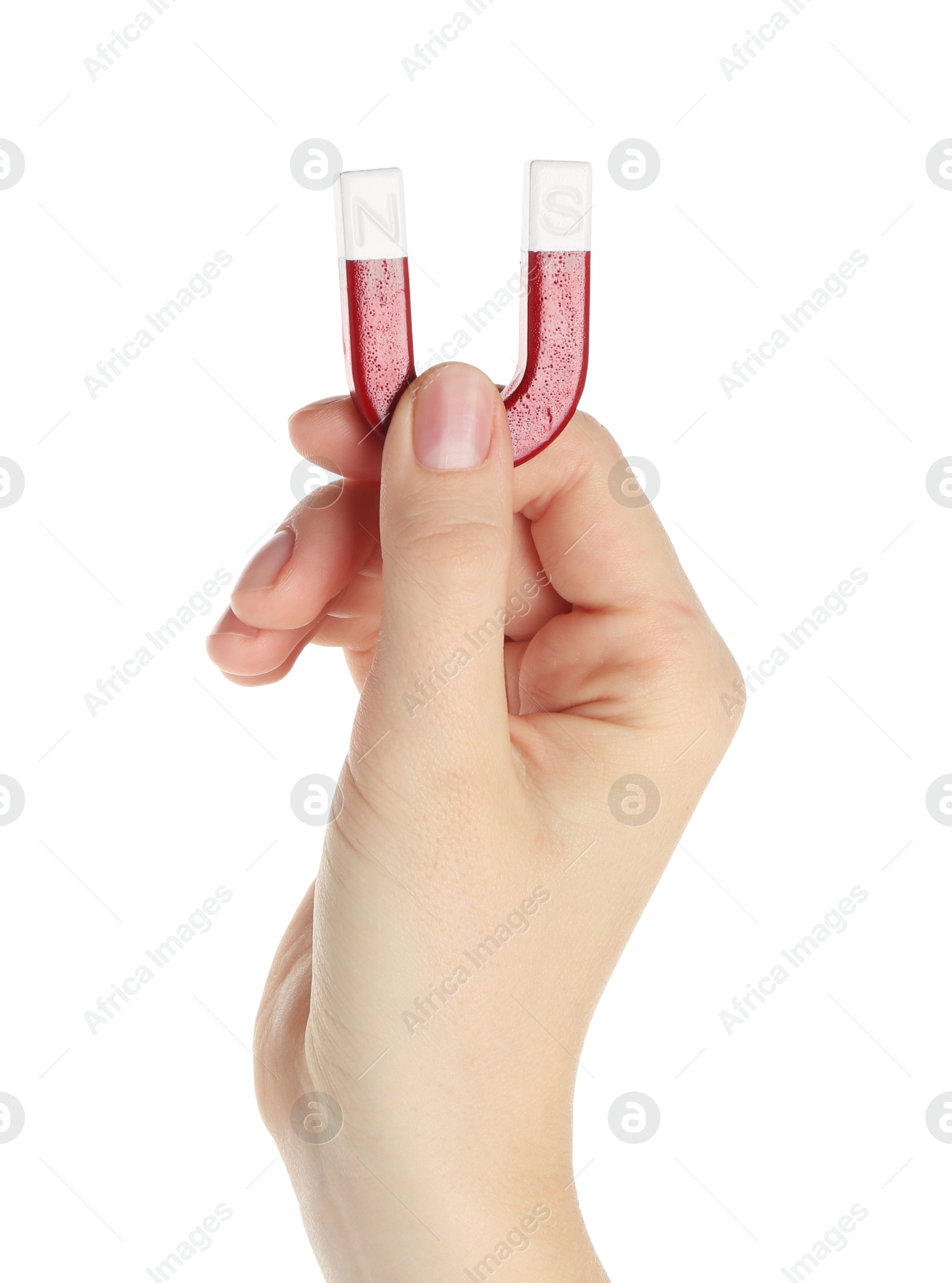 Photo of Woman with horseshoe magnet on white background, closeup