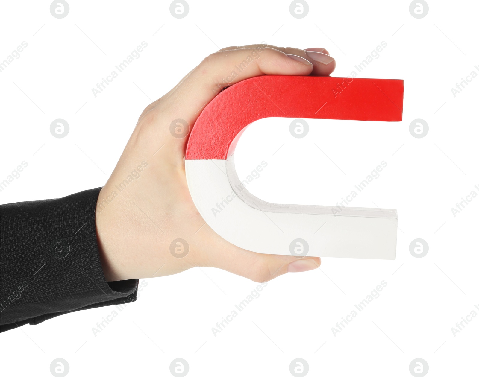 Photo of Woman with horseshoe magnet on white background, closeup