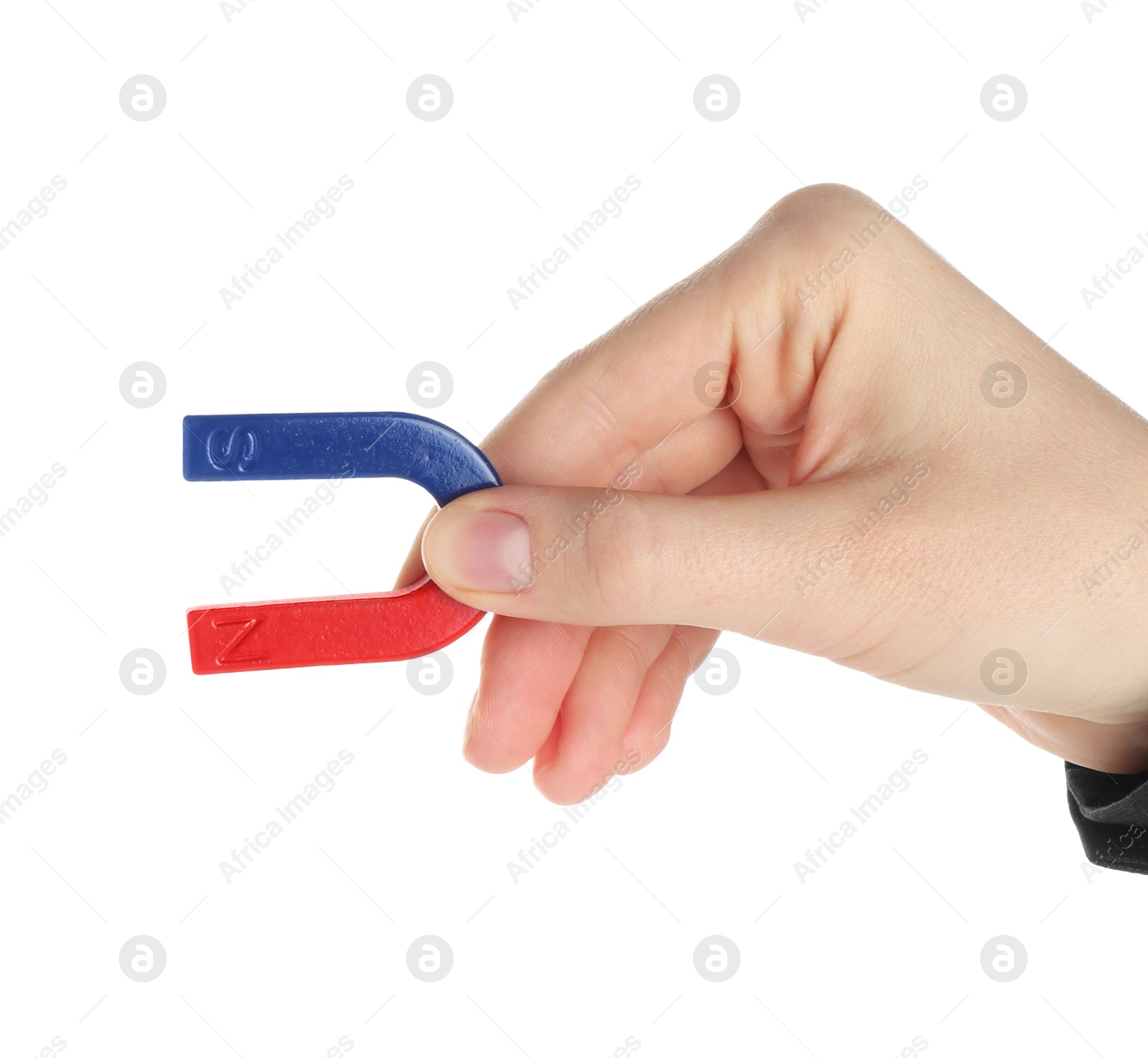 Photo of Woman with horseshoe magnet on white background, closeup