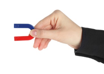 Photo of Woman with horseshoe magnet on white background, closeup