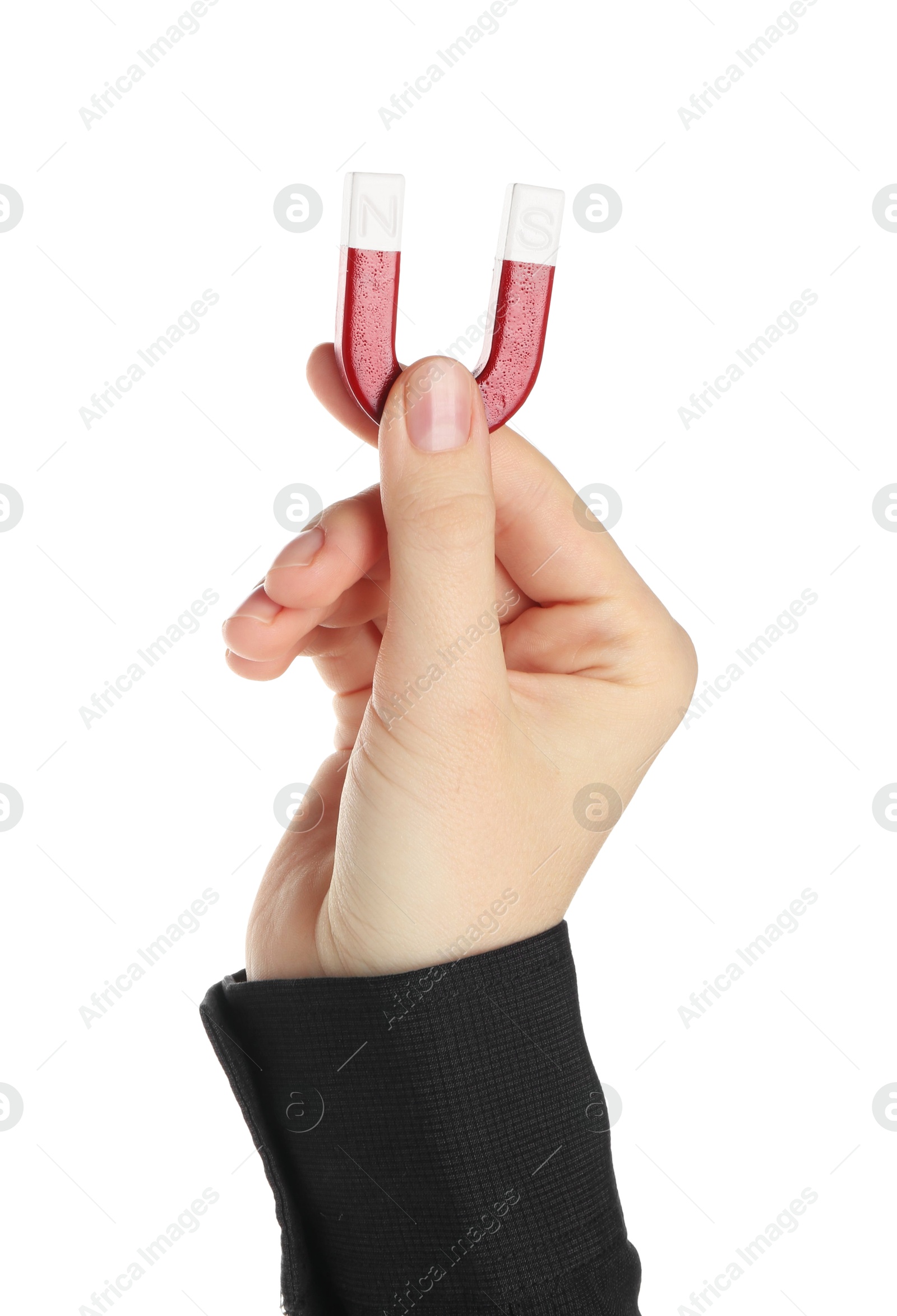 Photo of Woman with horseshoe magnet on white background, closeup