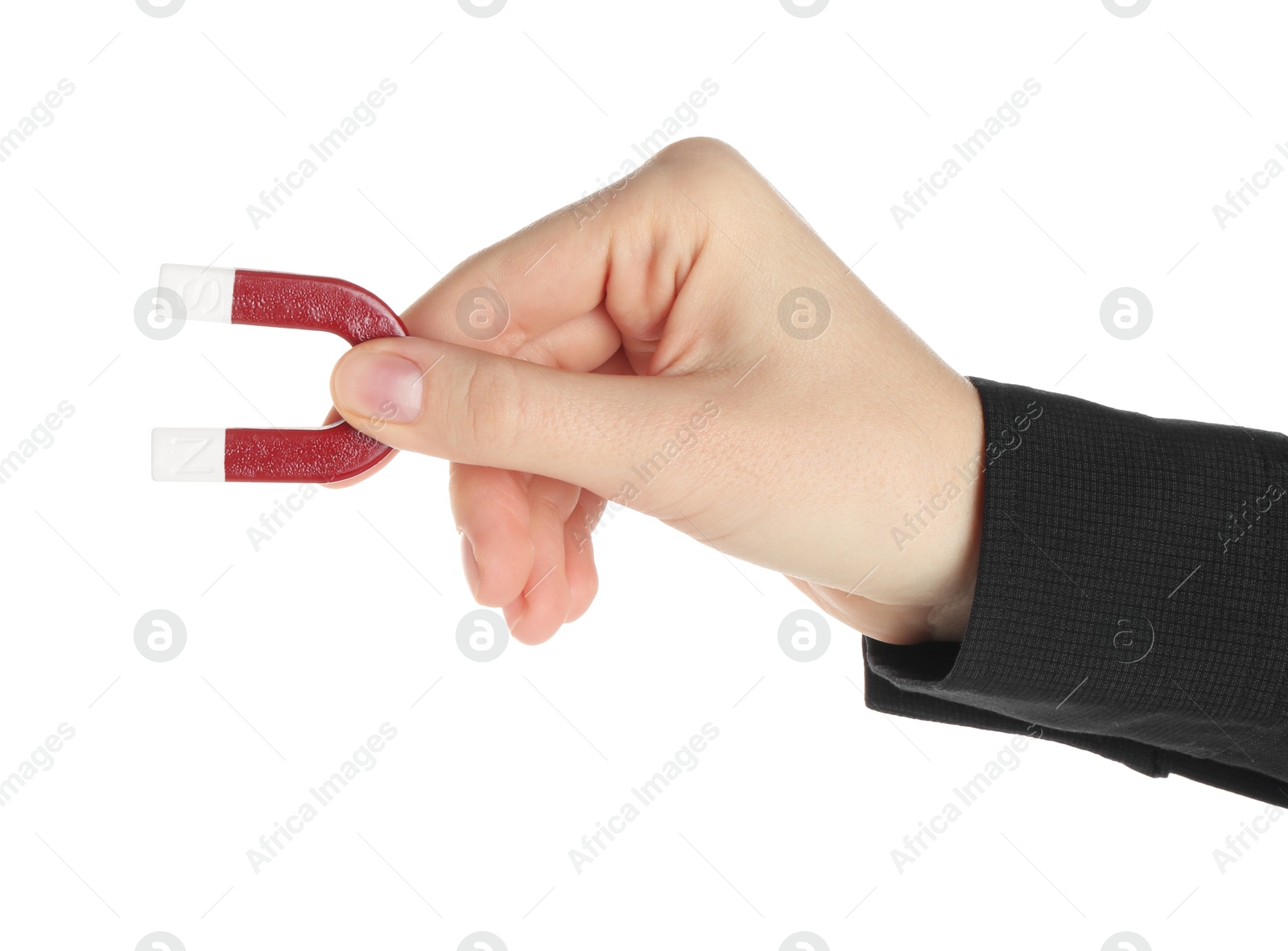 Photo of Woman with horseshoe magnet on white background, closeup