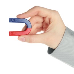 Photo of Woman with horseshoe magnet on white background, closeup