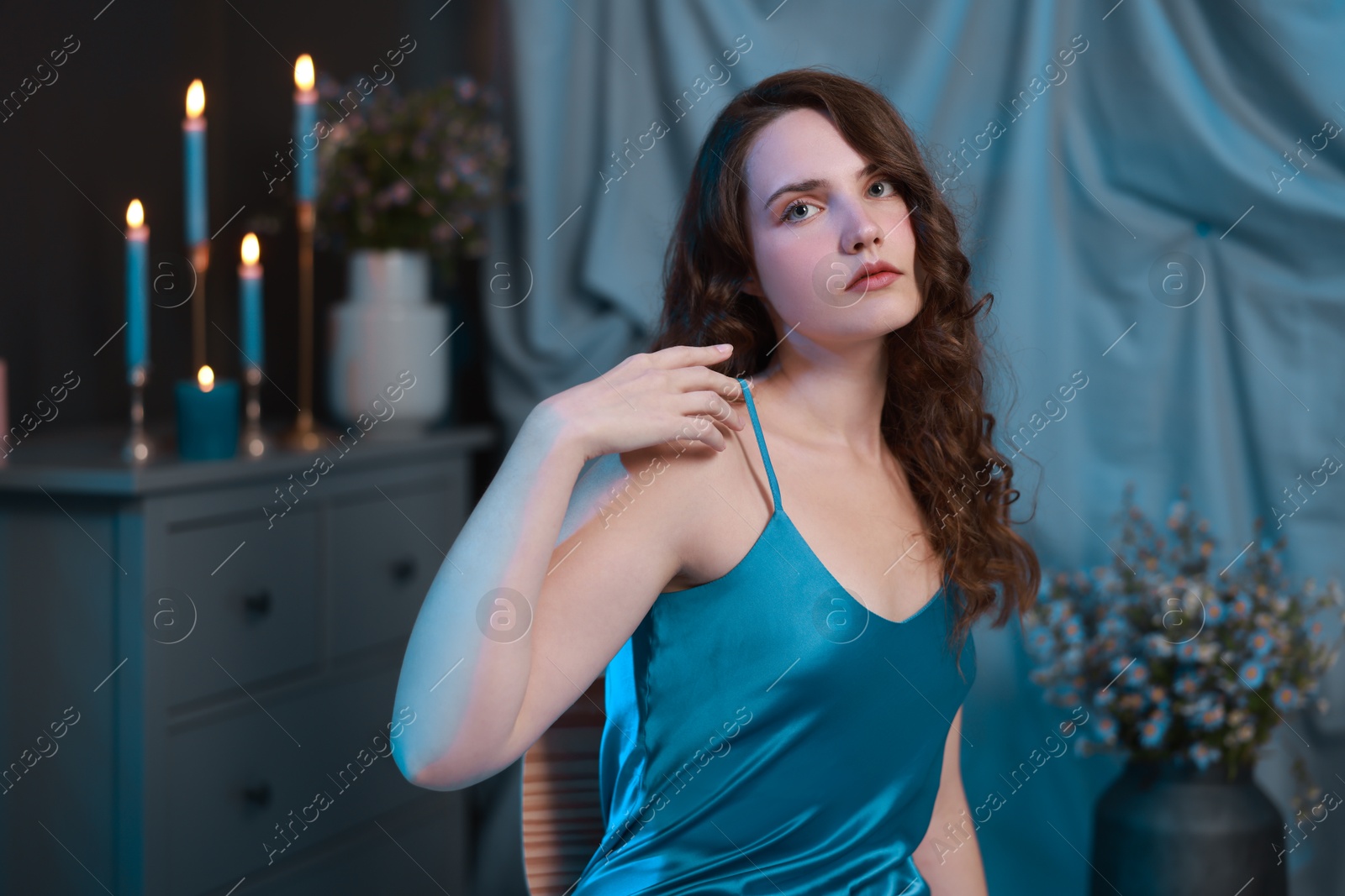 Photo of Beautiful young woman in room. Fashion vintage style portrait