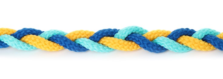 Photo of Braided colorful ropes isolated on white. Unity concept