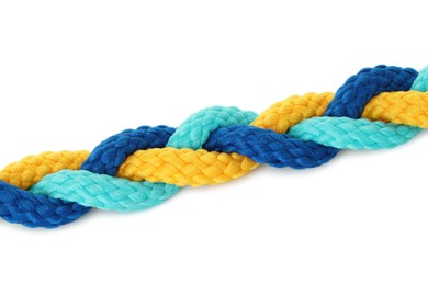 Photo of Braided colorful ropes isolated on white. Unity concept