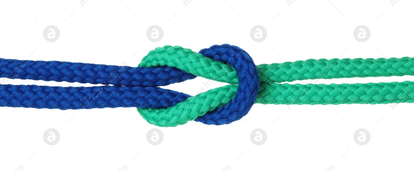 Photo of Colorful ropes tied in knot isolated on white. Unity concept