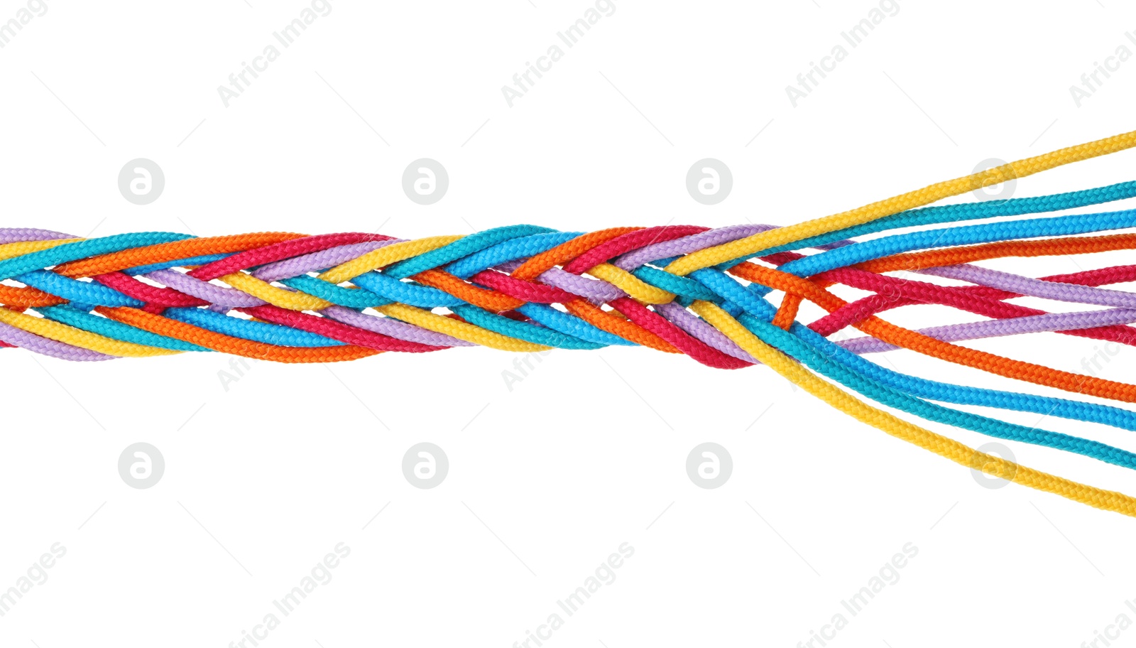 Photo of Colorful ropes tied together isolated on white, top view. Unity concept