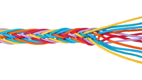 Photo of Colorful ropes tied together isolated on white, top view. Unity concept