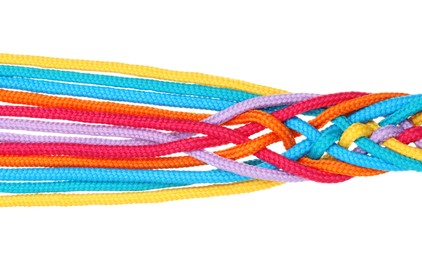 Photo of Colorful ropes tied together isolated on white, top view. Unity concept