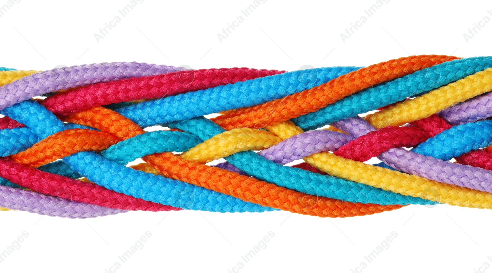 Photo of Colorful ropes tied together isolated on white, top view. Unity concept