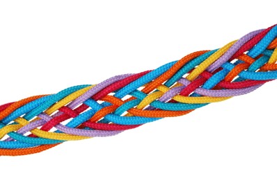 Photo of Colorful ropes tied together isolated on white. Unity concept