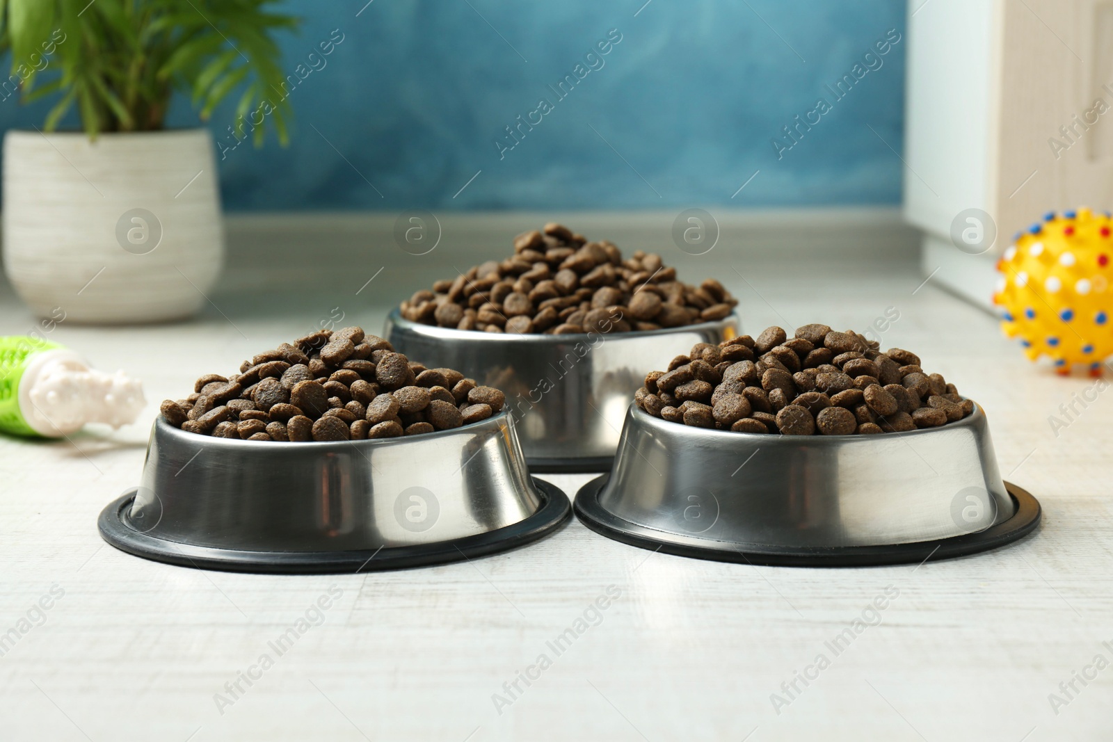 Photo of Dry pet food in feeding bowls and toys on floor indoors