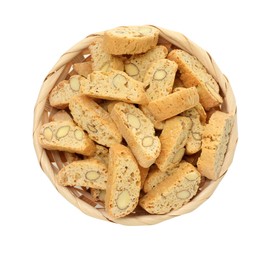 Photo of Traditional Italian almond biscuits (Cantucci) in bowl isolated on white, top view