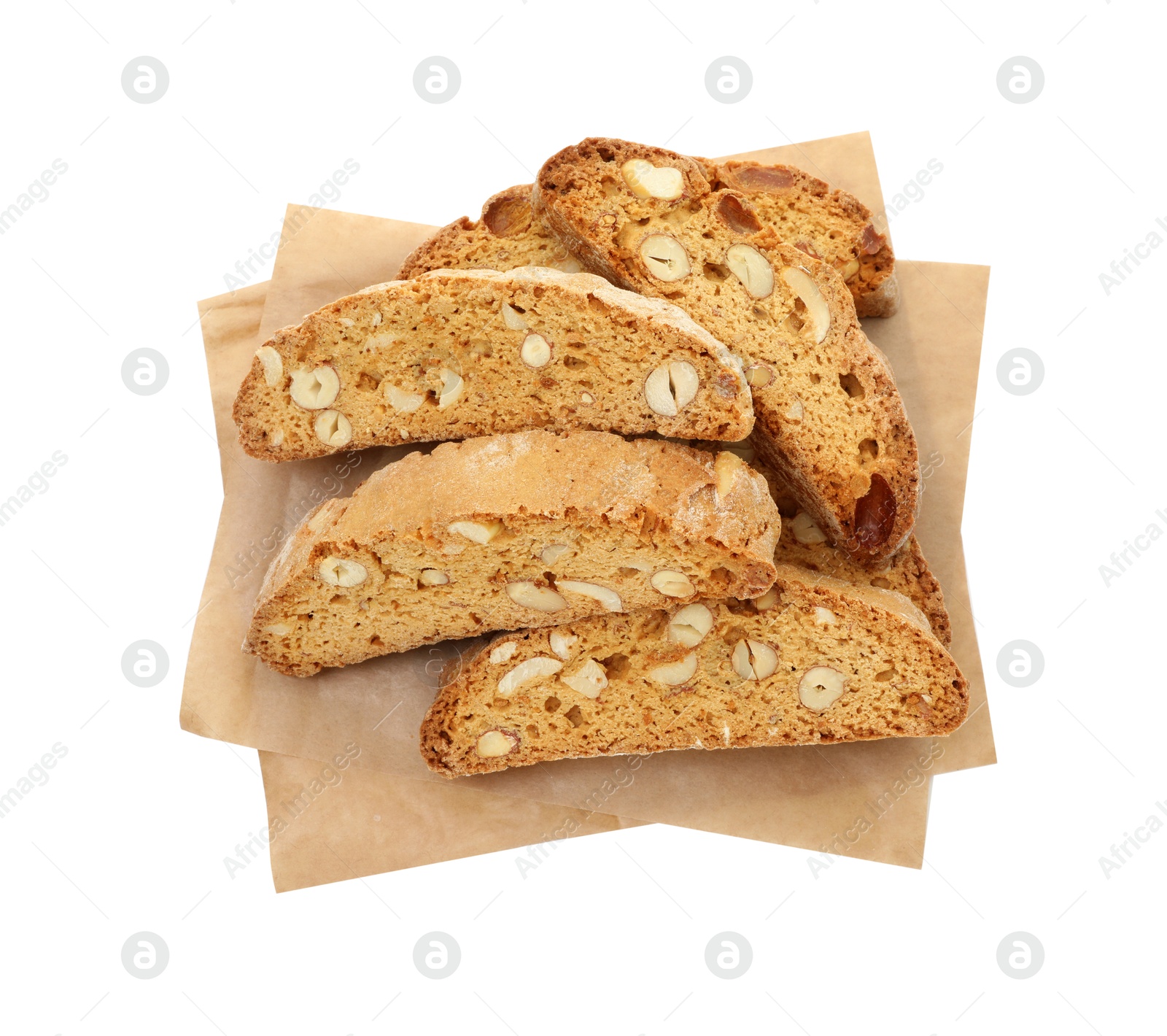 Photo of Traditional Italian almond biscuits (Cantucci) isolated on white, top view