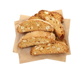 Photo of Traditional Italian almond biscuits (Cantucci) isolated on white, top view