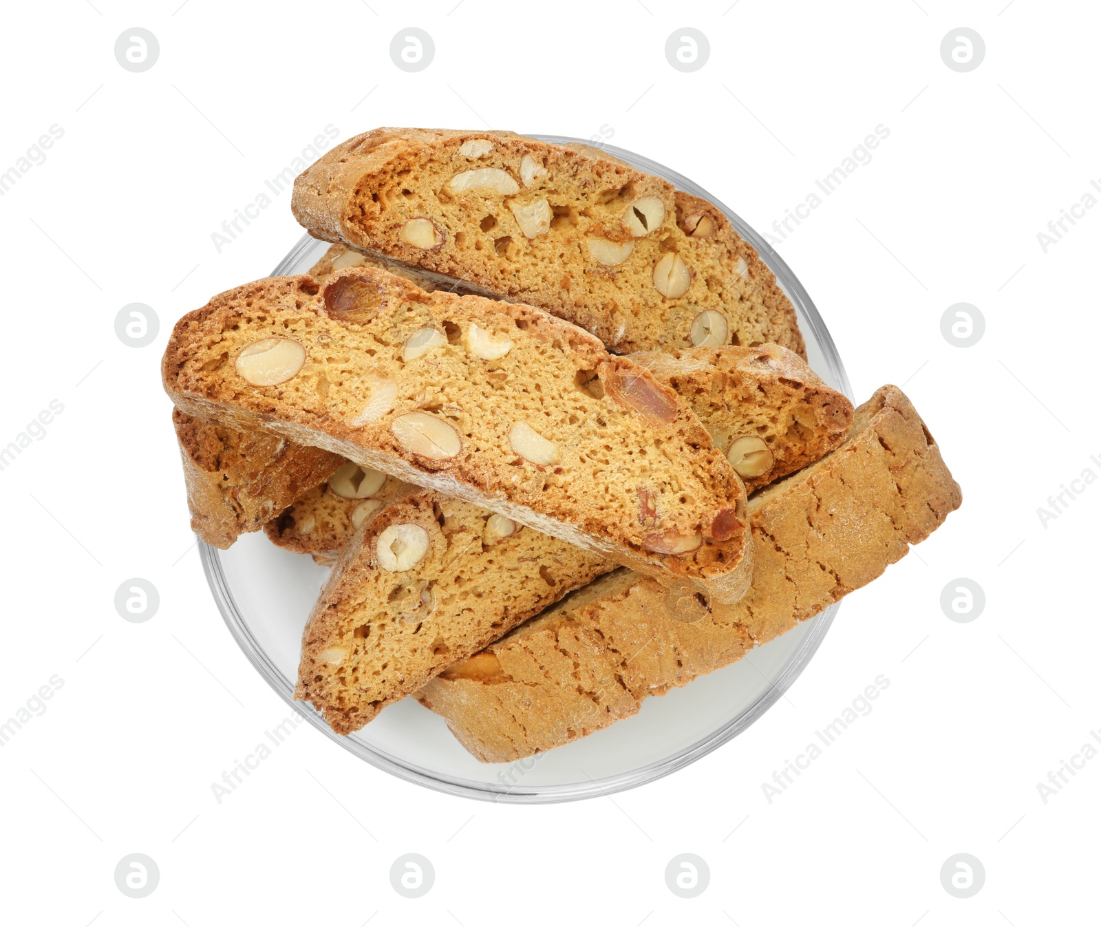 Photo of Traditional Italian almond biscuits (Cantucci) in glass bowl isolated on white, top view