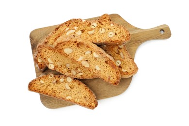 Photo of Traditional Italian almond biscuits (Cantucci) isolated on white, top view