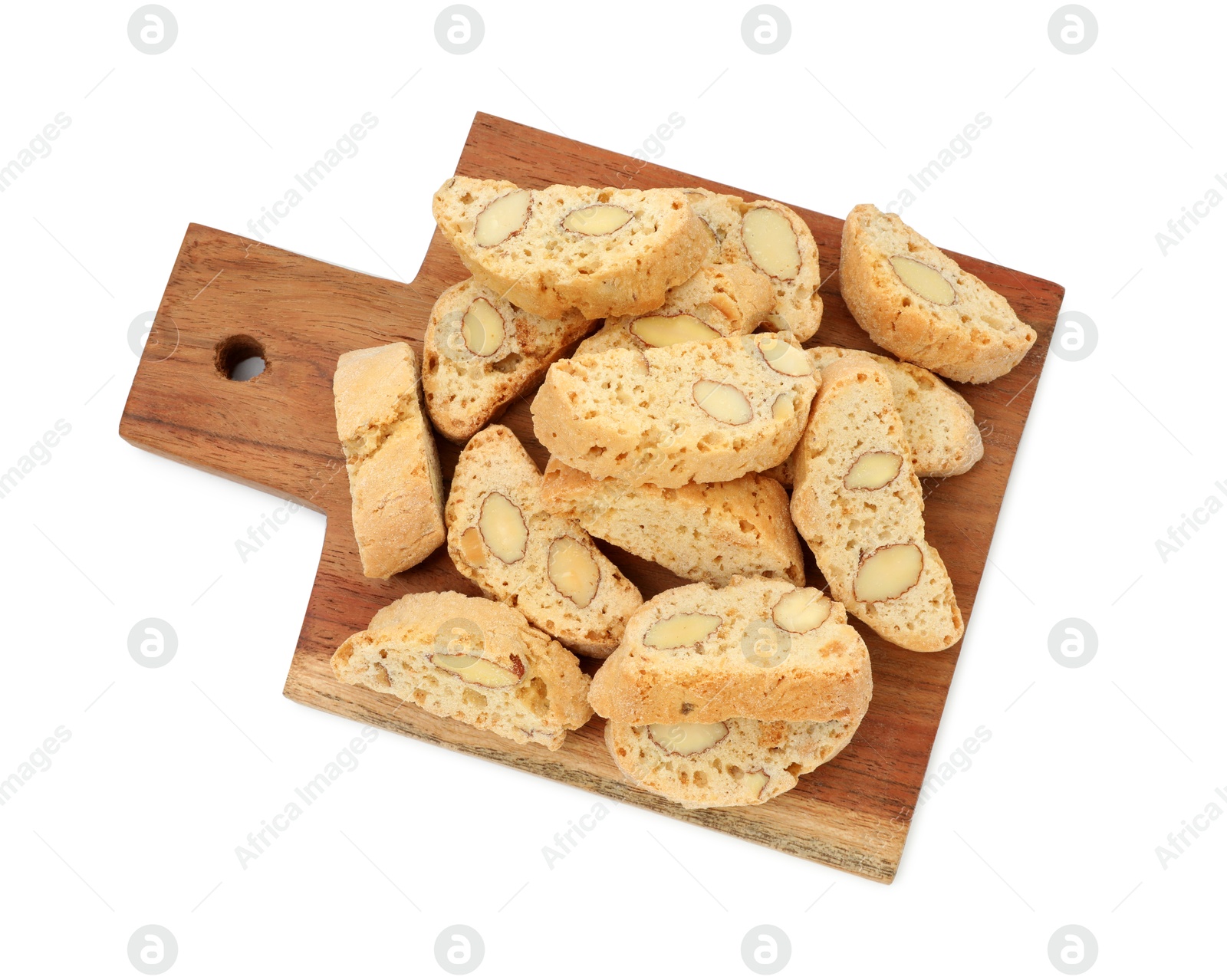 Photo of Traditional Italian almond biscuits (Cantucci) isolated on white, top view