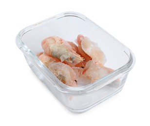 Photo of Frozen shrimps in container isolated on white