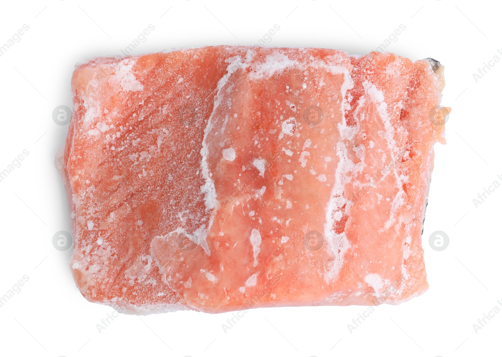 Photo of One frozen piece of salmon isolated on white, top view