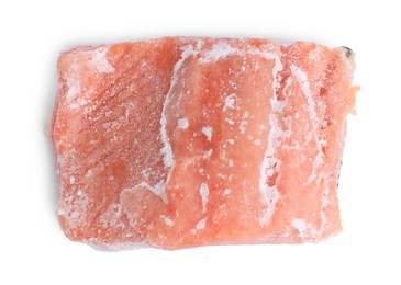 Photo of One frozen piece of salmon isolated on white, top view