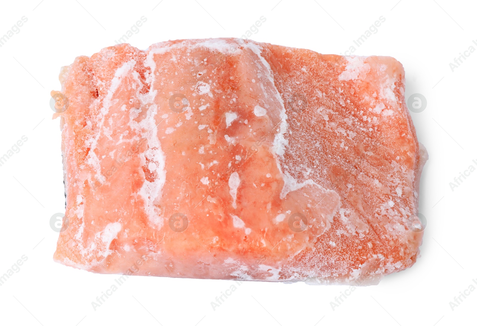 Photo of One frozen piece of salmon isolated on white, top view