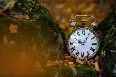 Photo of Alarm clock on fallen dry leaves outdoors, closeup. Space for text