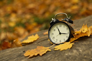 Photo of Autumn time. Alarm clock on tree stump in park, closeup with space for text