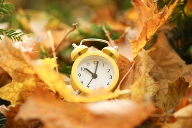 Photo of Autumn time. Alarm clock on fallen leaves, closeup