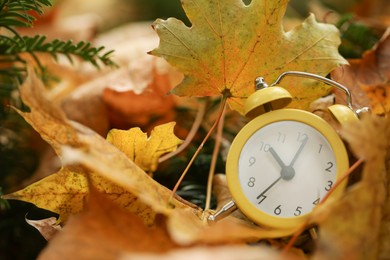 Photo of Autumn time. Alarm clock on fallen leaves, closeup with space for text