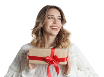 Photo of Beautiful young woman with Christmas present on white background