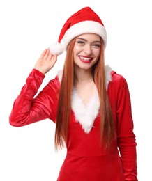 Photo of Young woman in red dress and Santa hat on white background. Christmas celebration