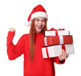 Photo of Emotional young woman in red sweater and Santa hat with Christmas gift on white background