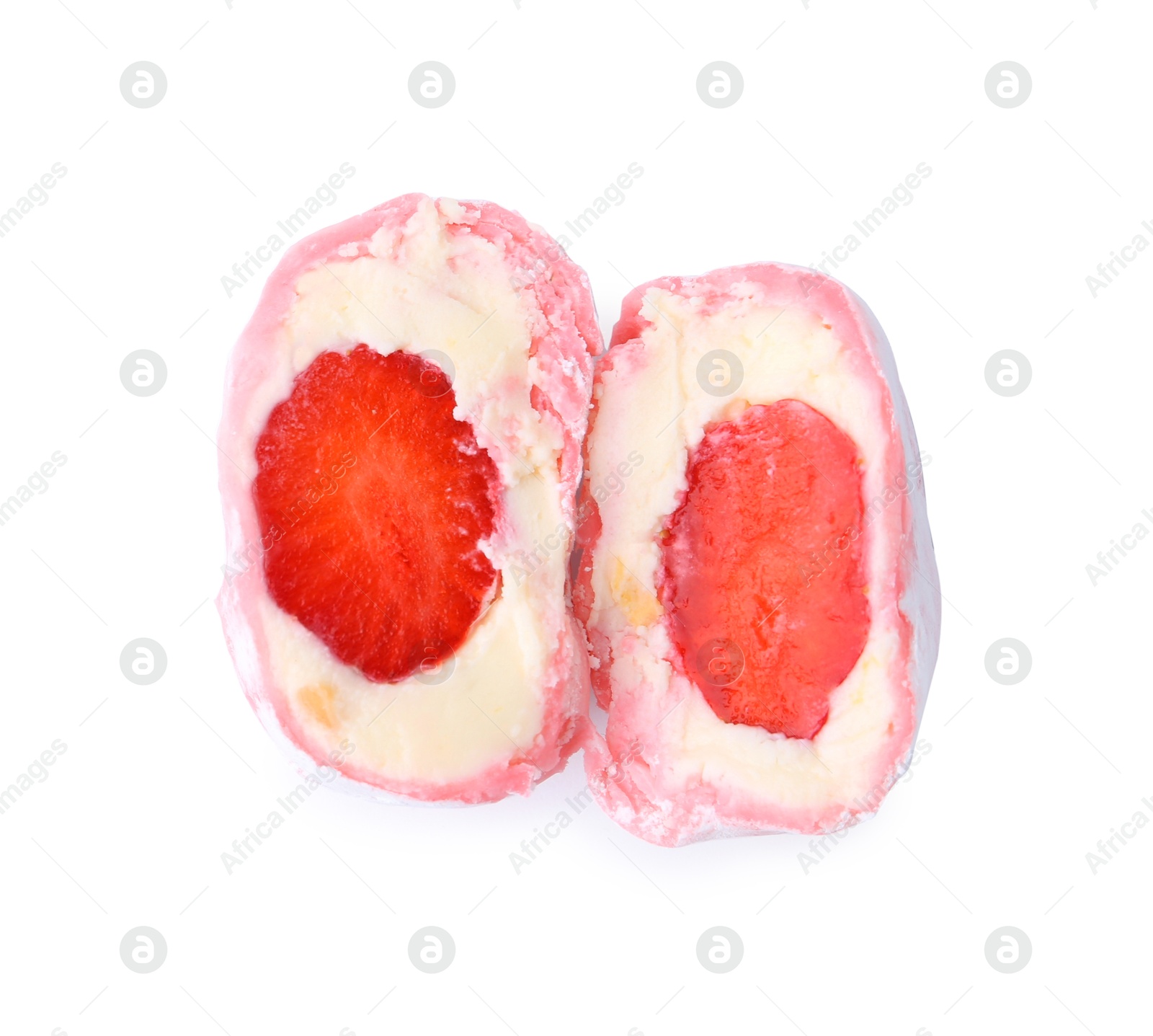 Photo of Delicious mochi with strawberry isolated on white, top view