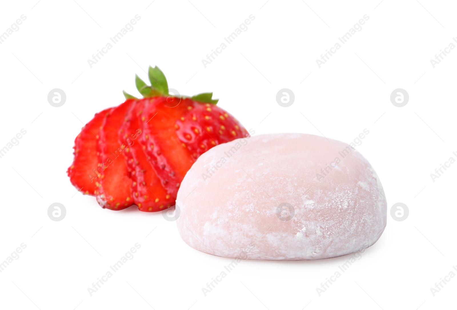 Photo of Delicious mochi and strawberries isolated on white