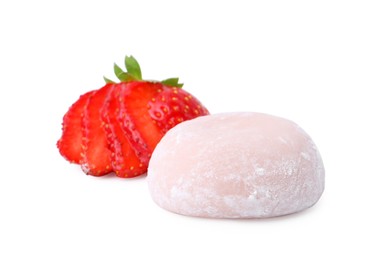 Photo of Delicious mochi and strawberries isolated on white