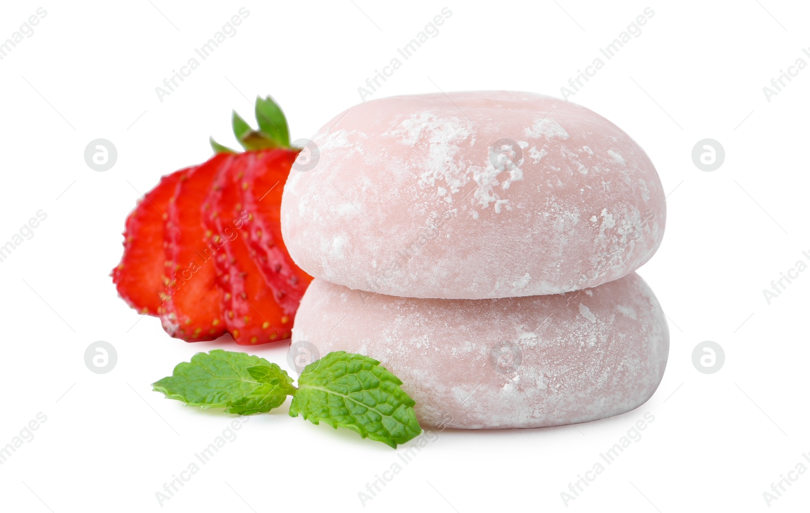 Photo of Delicious mochi, strawberries and mint isolated on white