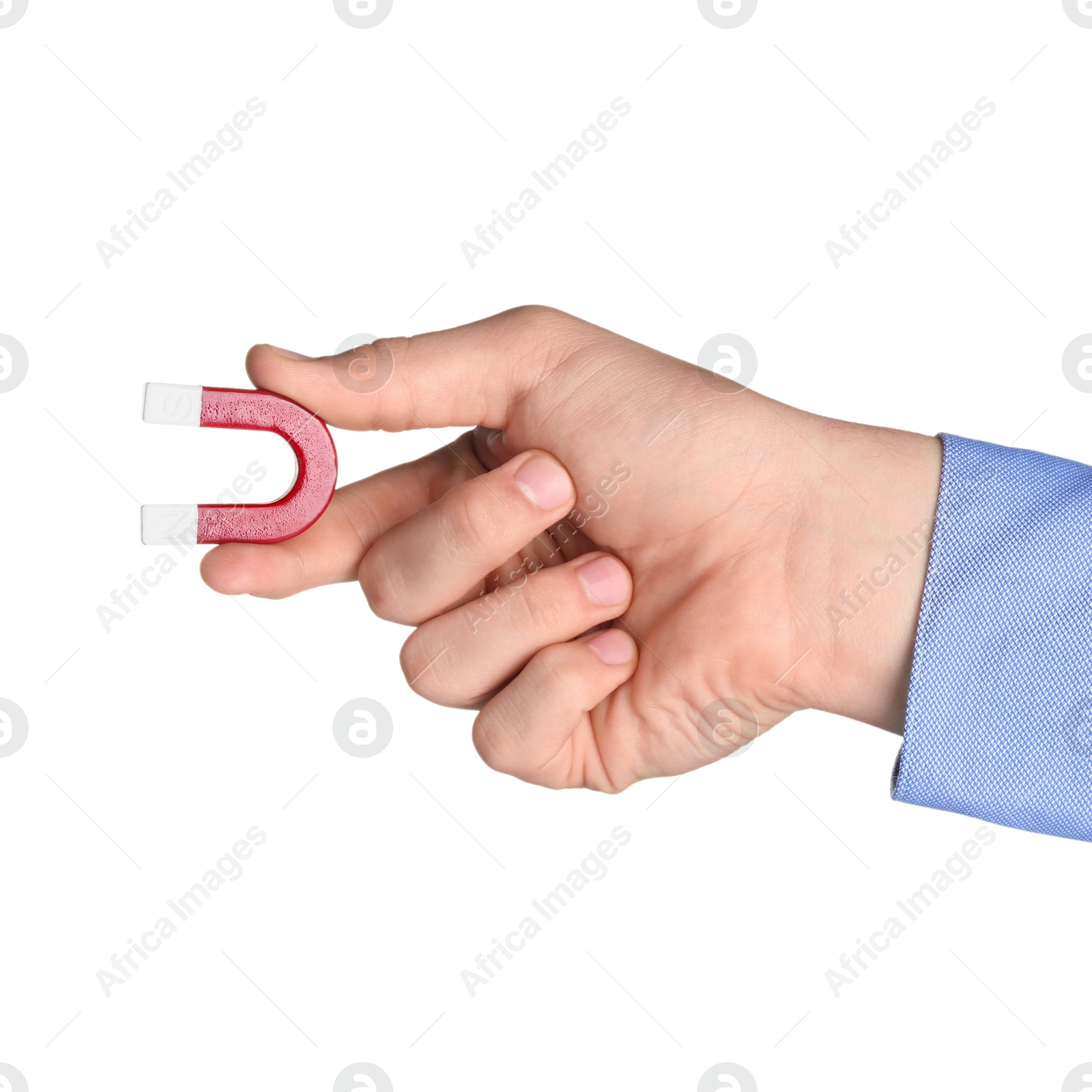 Photo of Man with horseshoe magnet on white background, closeup